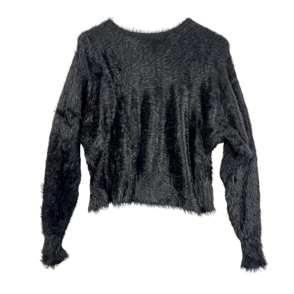 Grunge Women M Eyelash Knit Fuzzy Sweater Black Long Sleeve Crew Neck Punk Goth